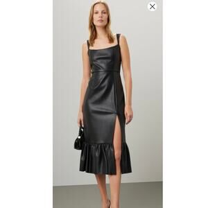 SACHIN & BABI Black Faux Leather Sheath Square Neck Front Slit Laura Dress sz 0
